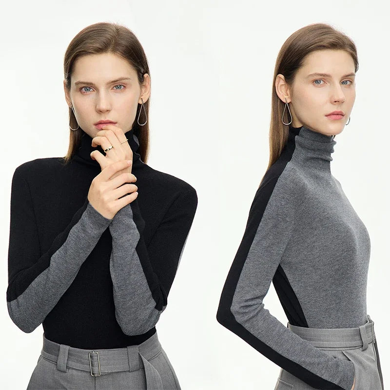 Slim High Neck Patchwork Sweater – Soft Knit Long Sleeve Top