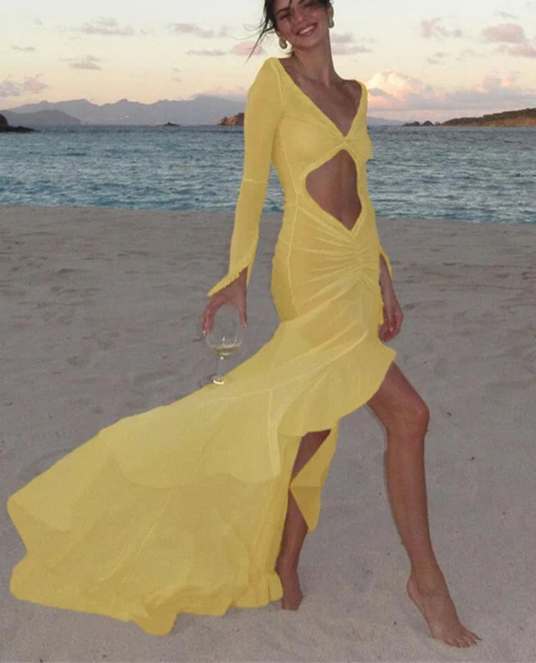 Mesh Long Sleeve Cut-Out Dress – Elegant Asymmetrical Shirred Holiday Party Outfit for Women