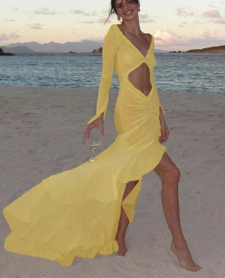 Stylemein - Mesh Long Sleeve Cut-Out Dress – Elegant Asymmetrical Shirred Holiday Party Outfit for Women