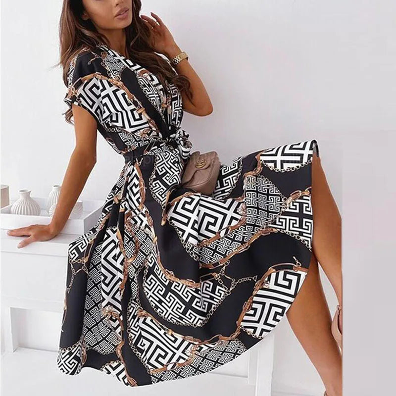 Vintage Pattern A-Line Midi Dress – V-Neck Short Sleeve Belted Summer Party Dress
