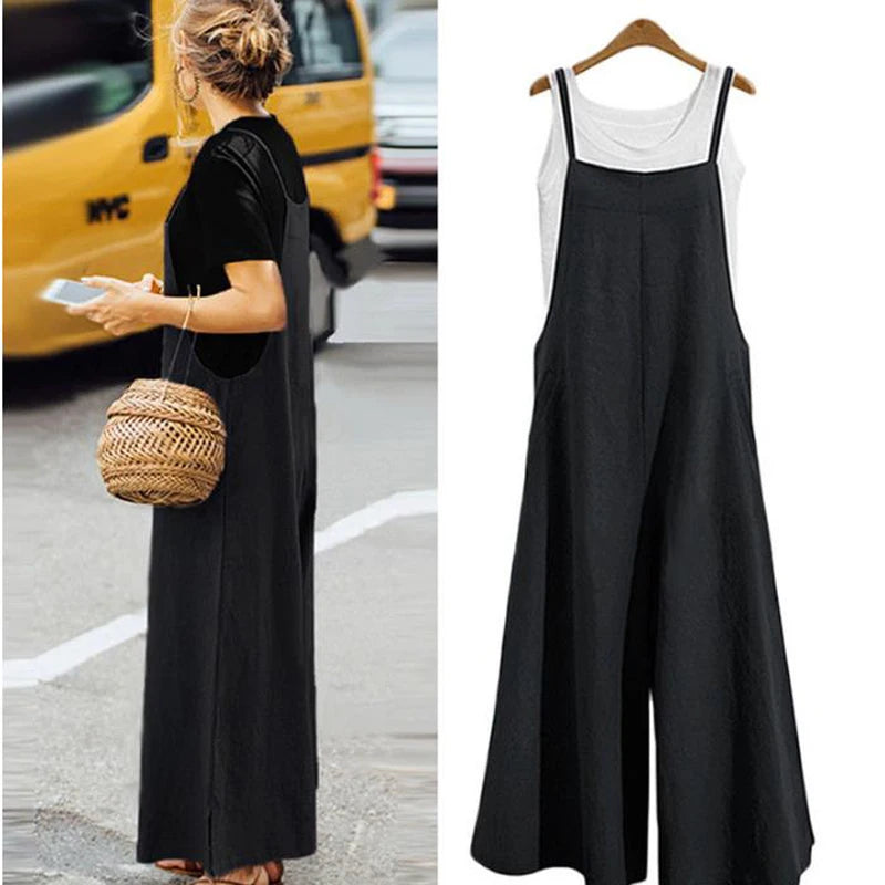 Summer Cotton Linen Jumpsuit – Loose Wide Leg Overalls with Adjustable Straps