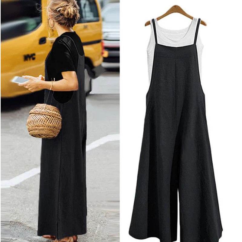 Stylemein - Summer Cotton Linen Jumpsuit – Loose Wide Leg Overalls with Adjustable Straps