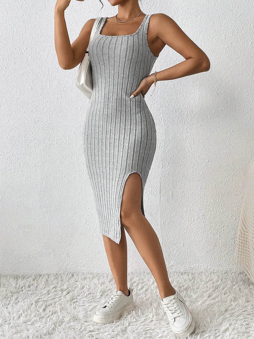 Knitted Suspender Dress – Sleeveless Side Slit Summer Midi Dress - Stylemein