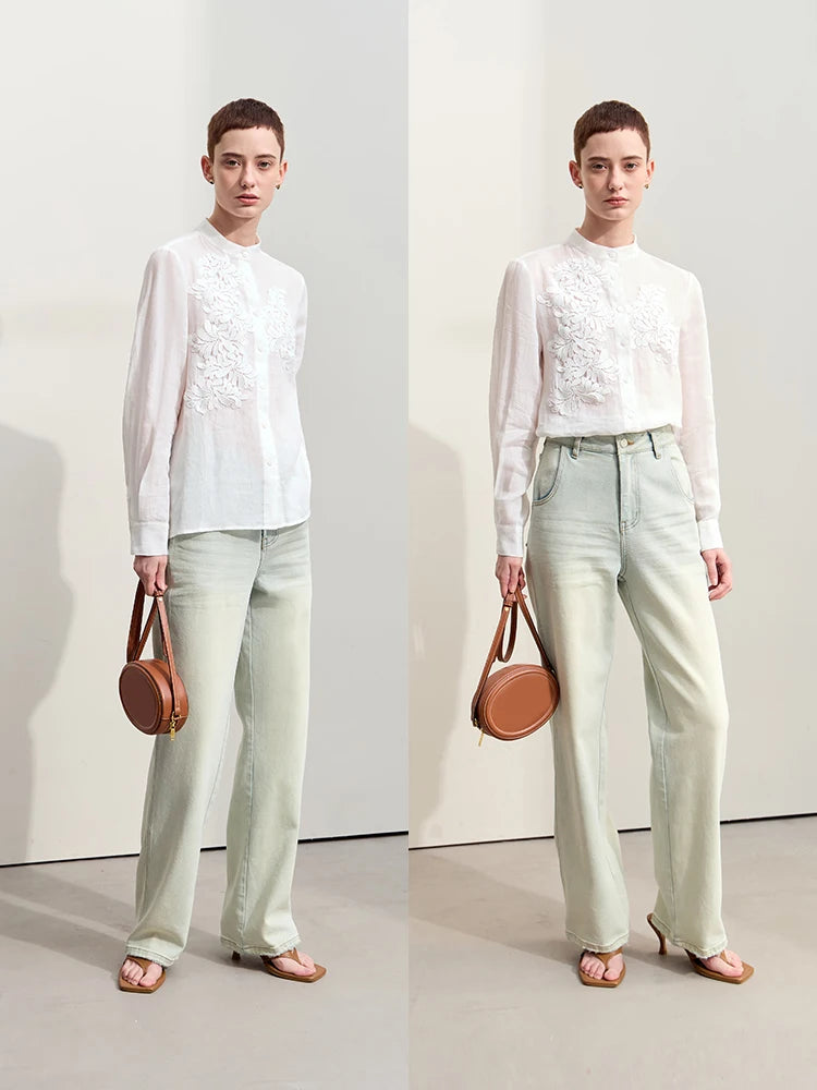 Women’s Stand Collar Shirt – Minimalist Lace Shell Button Autumn Blouse