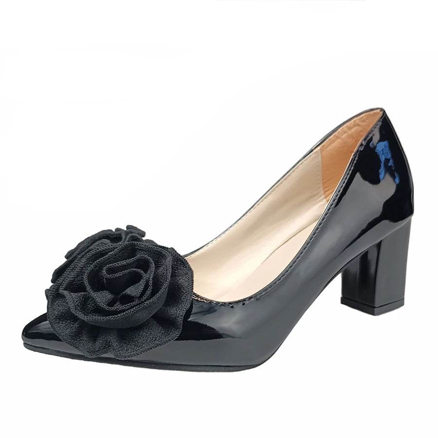 7cm Square Heel Patent Leather Pumps – Dark Green Floral Pointed Toe Shoes - Stylemein