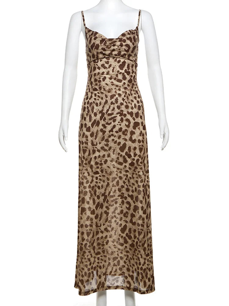Leopard Print Swing Collar Dress – Spaghetti Strap Backless Ruffle Clubwear