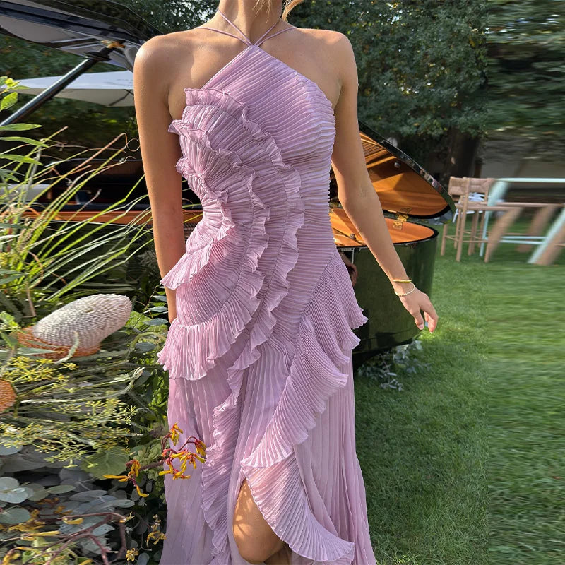 Elegant Purple Halter A-Line Prom Gown – Ruffled Tiered Backless Chiffon Evening Dress.