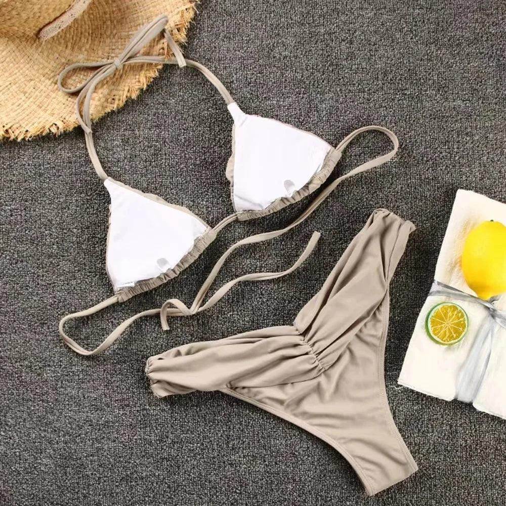Micro Bikinis Women Halter Brazilian Bikini Set Female Pleated Swimsuit New Triangle Swimwear Beach Wear Bathing Suit - Stylemein