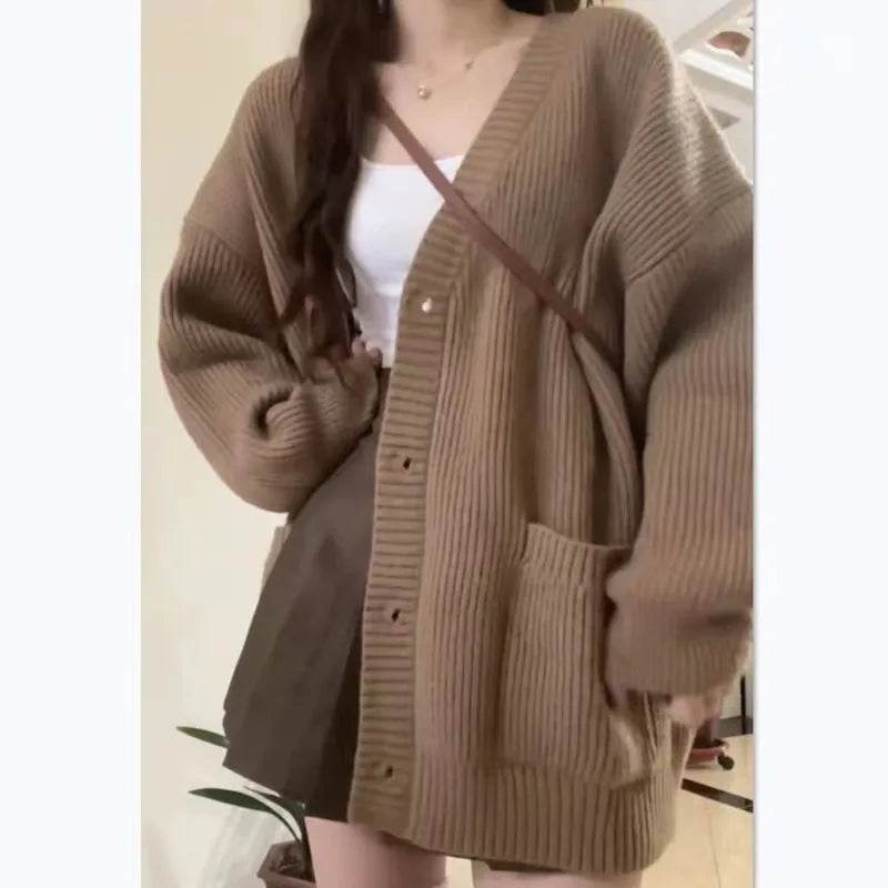 V-Neck Knit Cardigan – Loose Fit Long Sleeve Sweater Jacket - Stylemein
