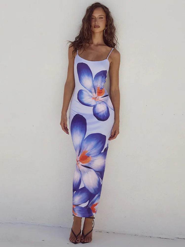 Sexy Floral Print Sleeveless Backless Bodycon Maxi Dress for Women | Elegant Club & Party Outfit - Stylemein