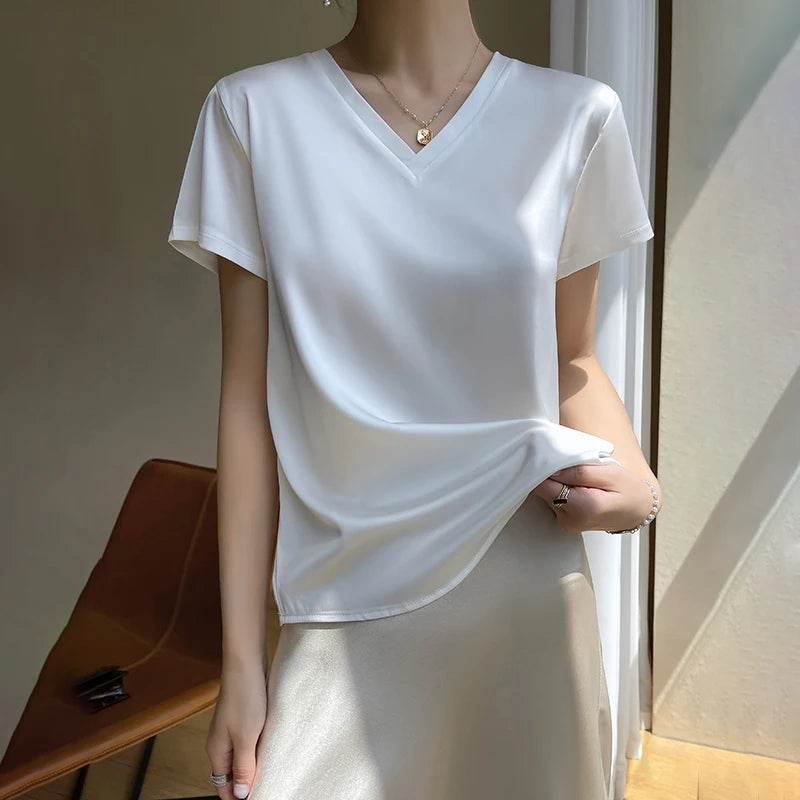 Elegant Satin Silk V-Neck Women's T-Shirt – Short Sleeve Solid Basic Top for Summer - Stylemein
