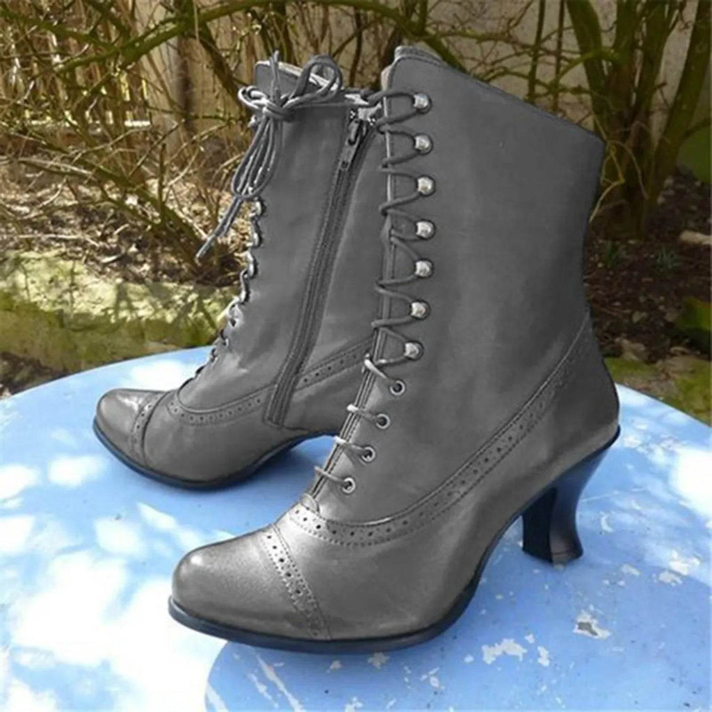 Retro Victorian Lace-Up Ankle Boots – Women’s PU Leather Streetwear Booties - Stylemein