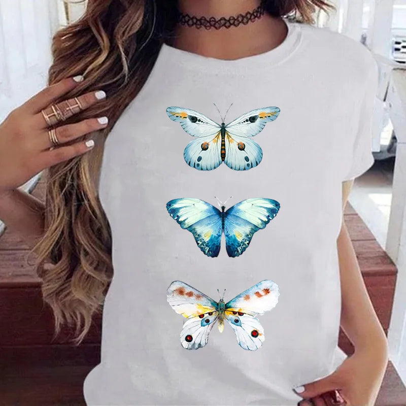 Women’s Butterfly Tree Print Harajuku T-Shirt – Black Round Neck Summer Casual Top