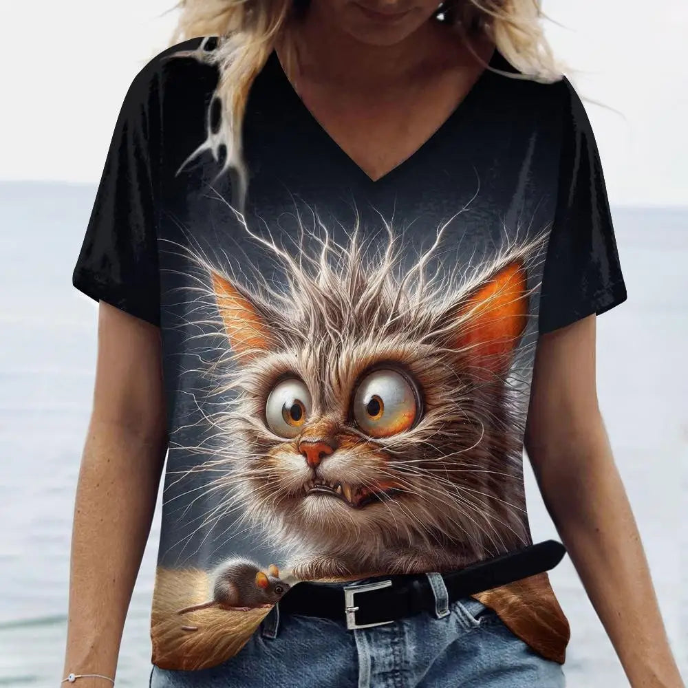 Women’s Oversized Cat Print T-Shirt – Casual Summer Streetwear Top