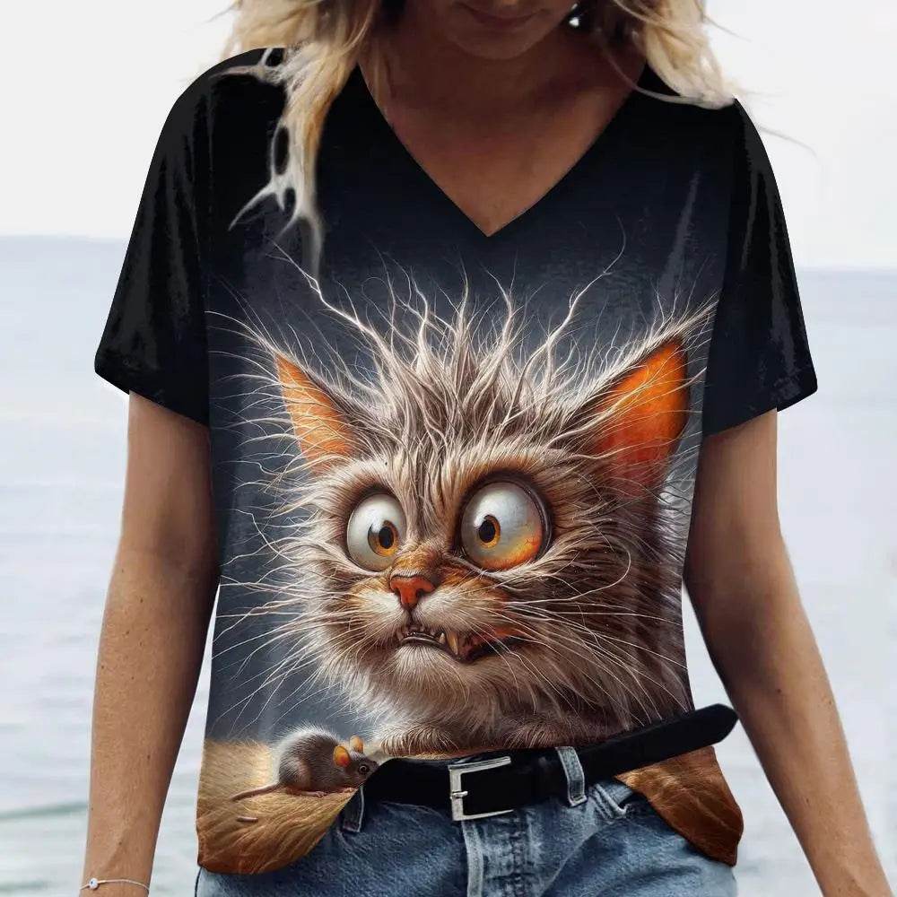 Stylemein - Women’s Oversized Cat Print T-Shirt – Casual Summer Streetwear Top