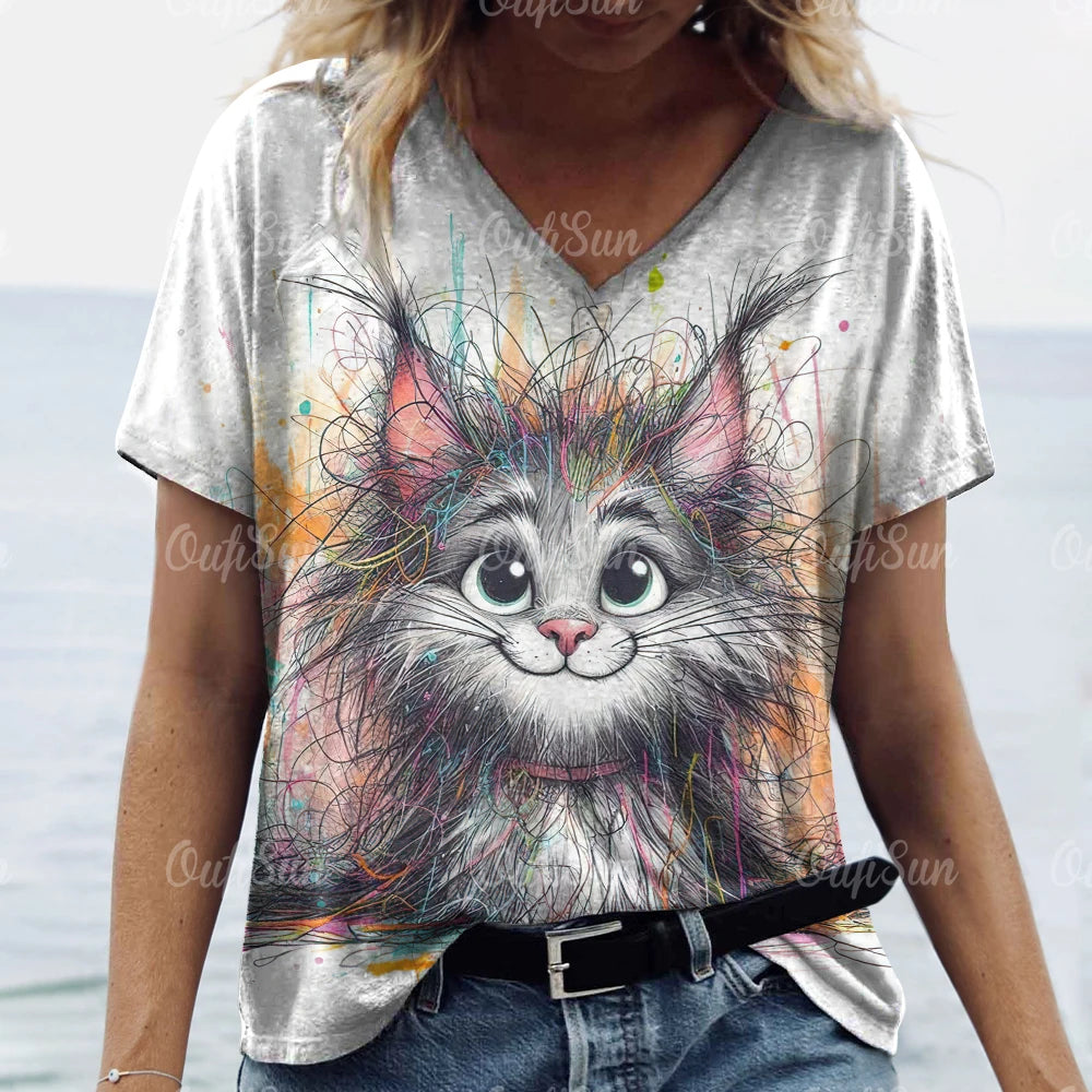 Women’s Oversized Cat Print T-Shirt – Casual Summer Streetwear Top