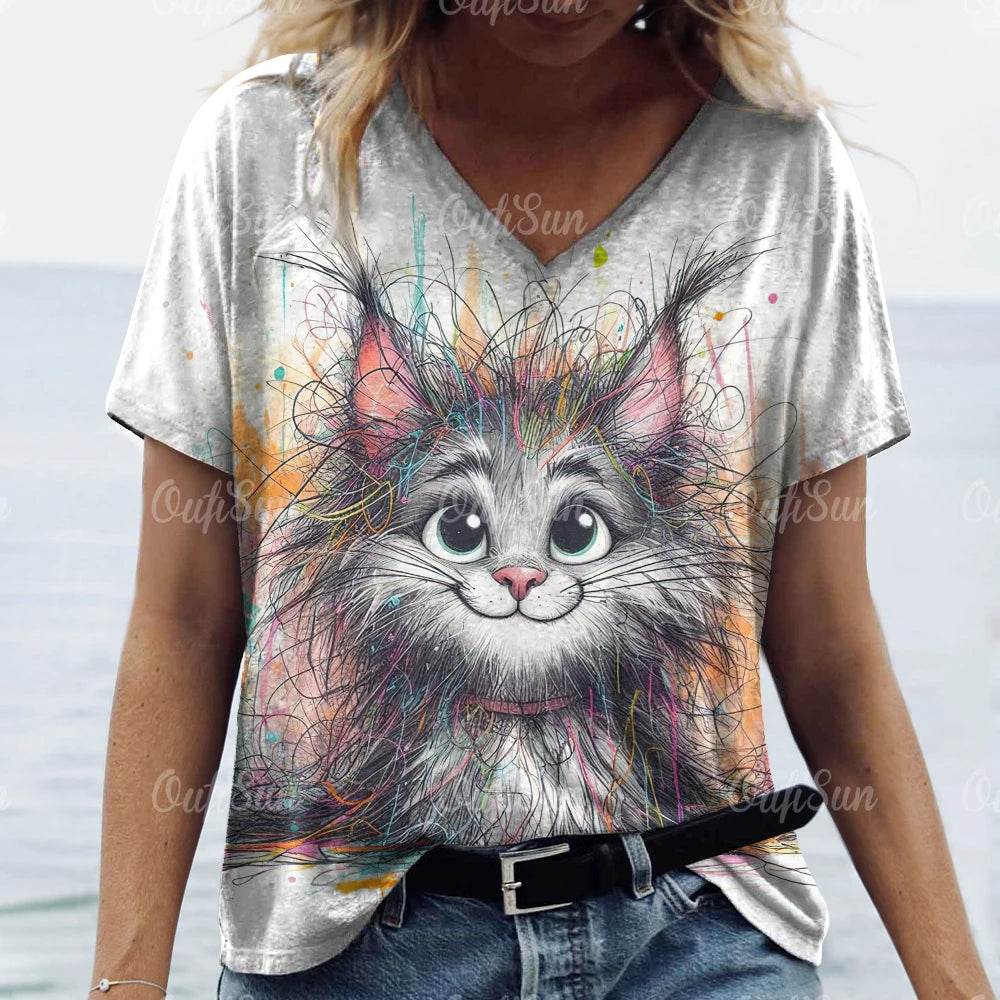 Stylemein - Women’s Oversized Cat Print T-Shirt – Casual Summer Streetwear Top