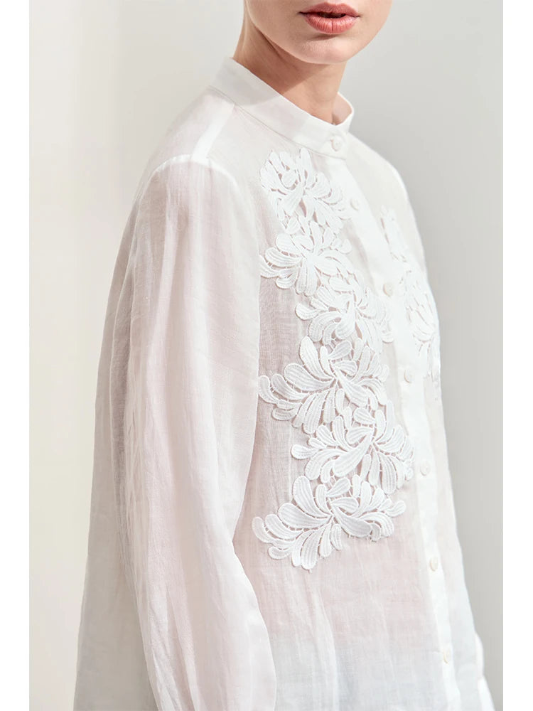 Women’s Stand Collar Shirt – Minimalist Lace Shell Button Autumn Blouse