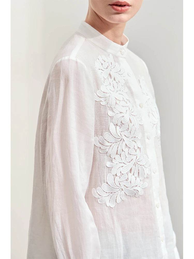 Stylemein - Women’s Stand Collar Shirt – Minimalist Lace Shell Button Autumn Blouse