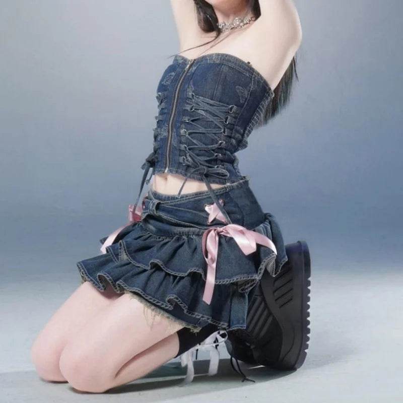 Blue Pleated Denim Mini Skort – A-Line Bow Detail Short Skirt - Stylemein