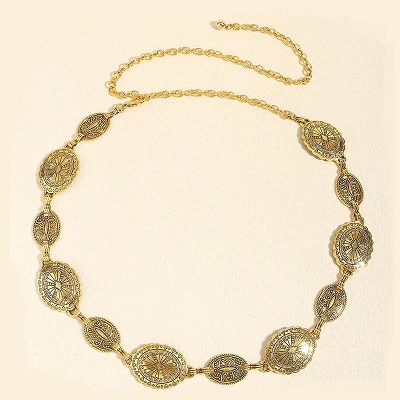 Vintage Circle Carved Metal Waist Chain: Retro Decorative Belt for Women - Stylemein