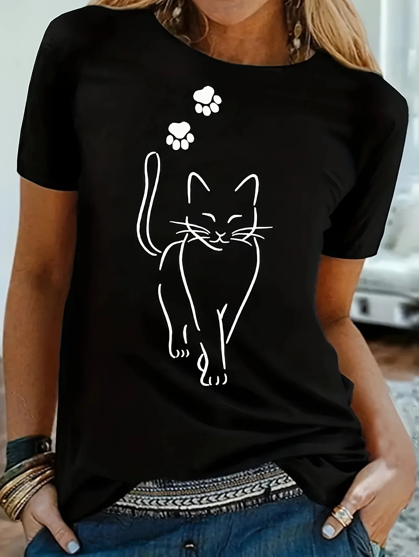 Women’s Cat Print Casual Short Sleeve T-shirt – Summer & Spring Crew Neck Top