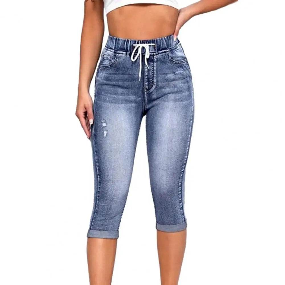 High Waist Calf-Length Jeans – Slim Fit Elastic Denim for Women - Stylemein