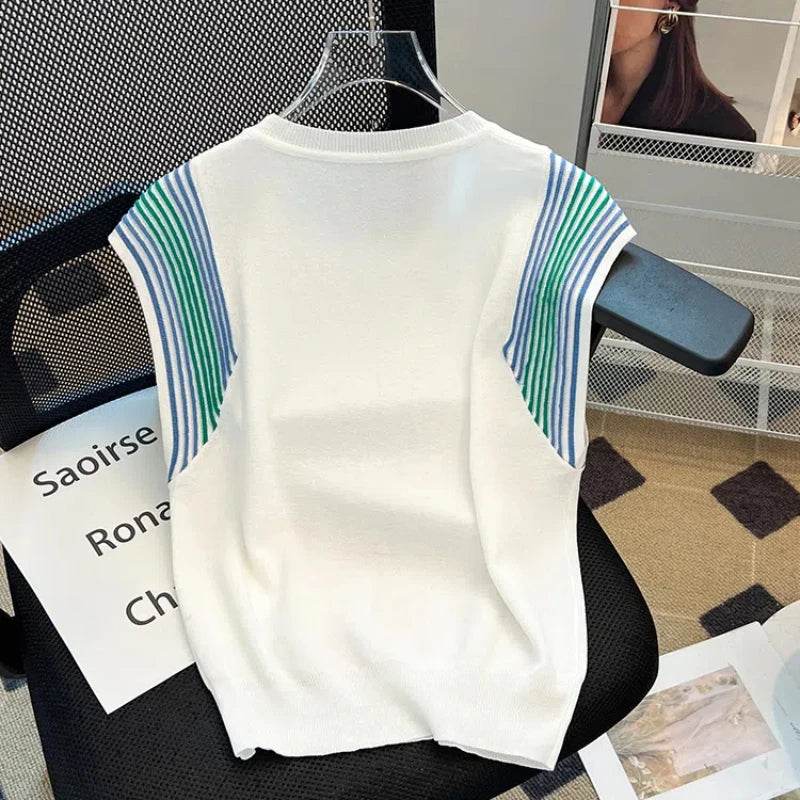 Contrast Color Ice Silk T-Shirt – Loose Knit Summer Top for Women - Stylemein