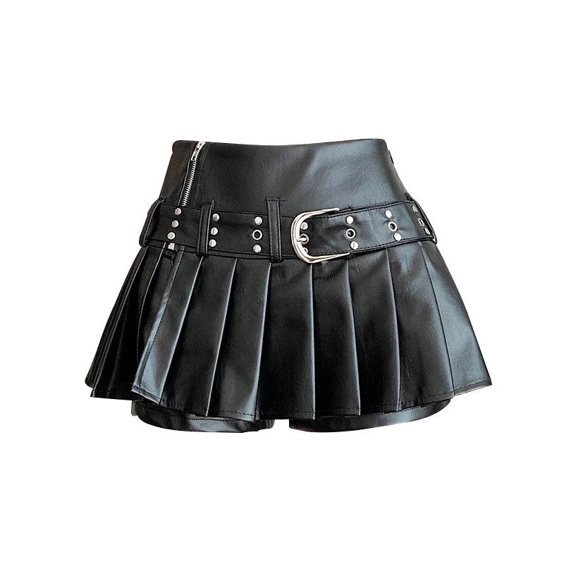 Gothic Pleated Faux Leather Skirt – Black Y2K A-Line Mini Skort - Stylemein