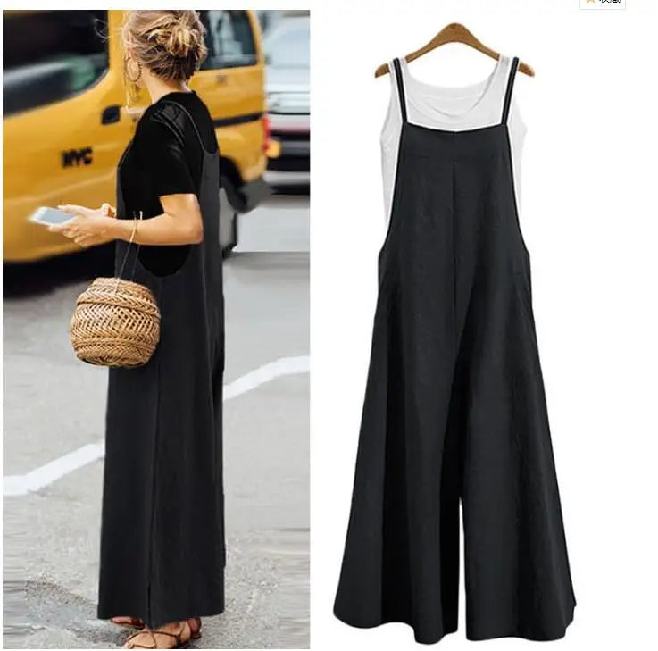 Summer Cotton Linen Jumpsuit – Loose Wide Leg Overalls with Adjustable Straps