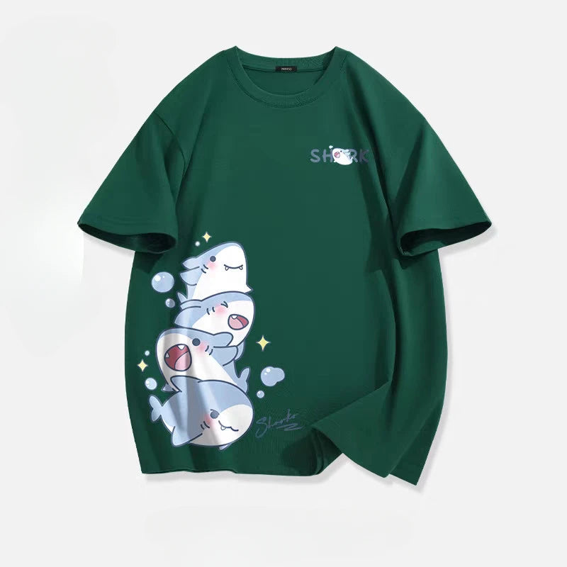 Loose Shark Print T-Shirt – Summer Ice Silk Top