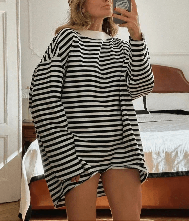 Oversized Striped Cotton T-Shirt – Women’s Long Sleeve Casual Top - Stylemein