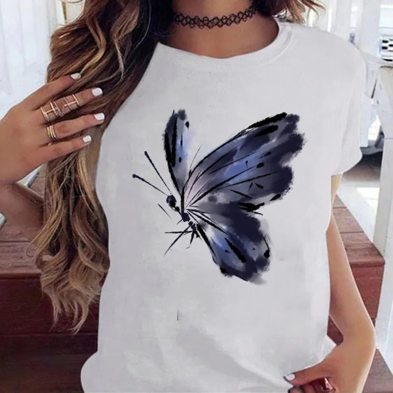 Women’s Butterfly Tree Print Harajuku T-Shirt – Black Round Neck Summer Casual Top