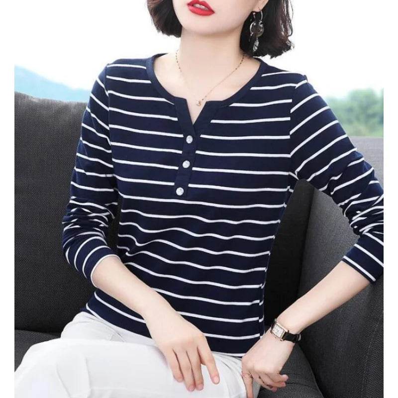 Striped Cotton V-Neck Long Sleeve T-Shirt – Casual Spring/Autumn Tee for Women - Stylemein
