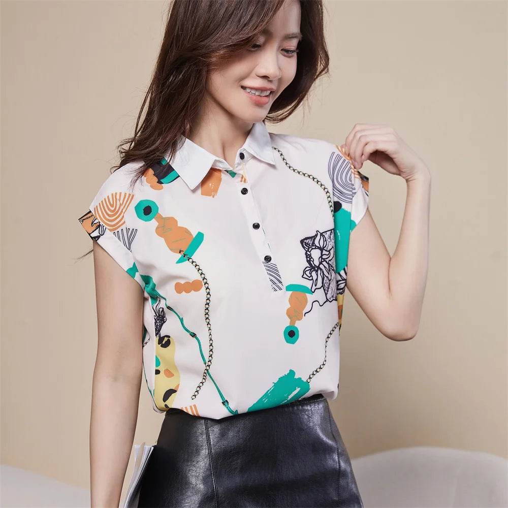 Stylemein - Chiffon Blouse – Spring Summer Casual Short Sleeve Printed Turn-Down Collar Top