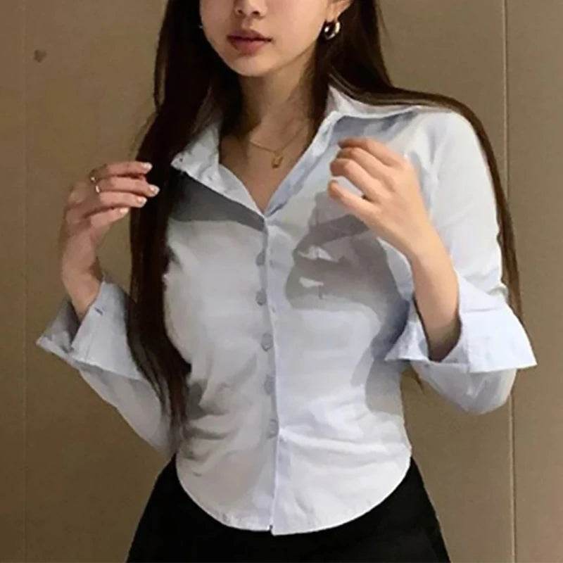 Chic White Button-Down Chiffon Shirt for Women – Long Sleeve Lapel Blouse with Pocket, Cropped Spring Top - Stylemein
