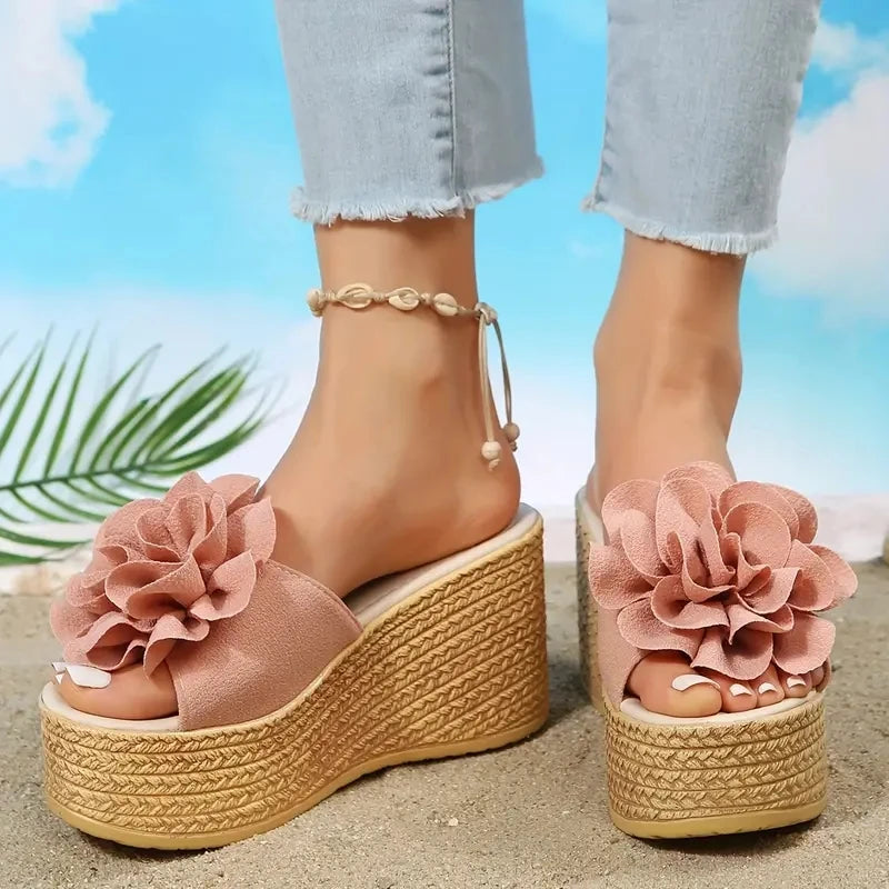 Green & Baby Pink Floral Wedge Slides for Women – 3.5" Platform Heels, Flower Appliqués, Summer Slip-Ons