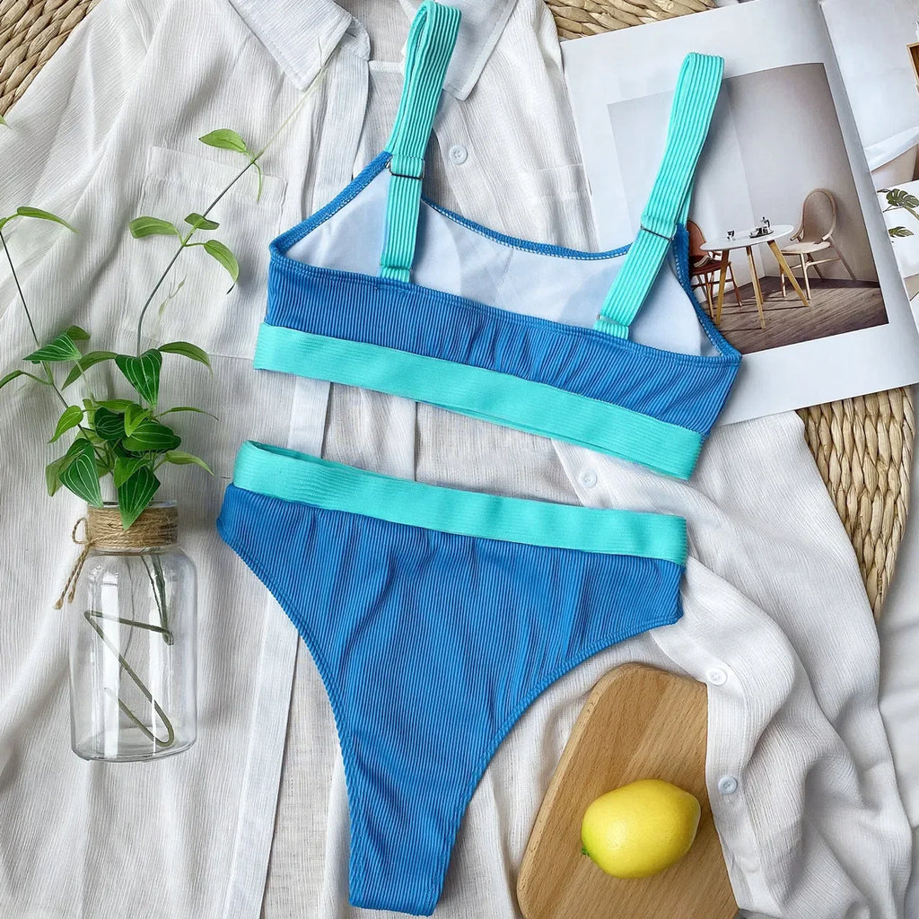 Women’s High Waist Bikini – Ribbed Push Up Splicing Swimwear