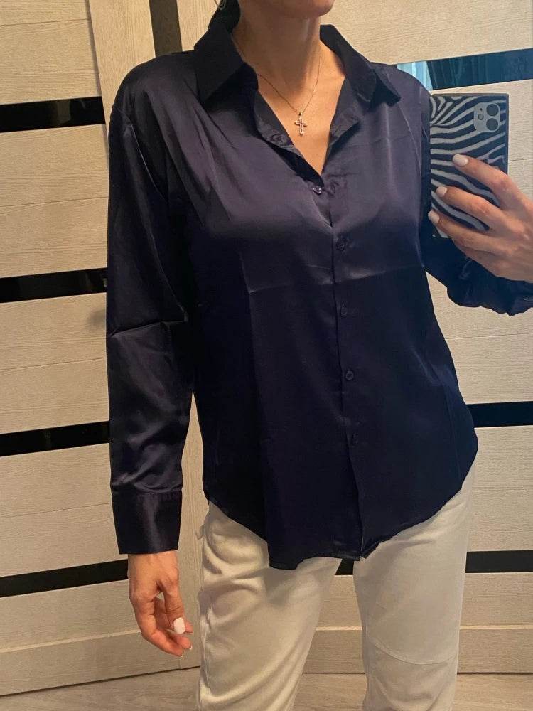 Elegant Satin Loose Fit Women's Shirt – Turn-Down Collar Casual Button Blouse for Spring and Autumn - Stylemein