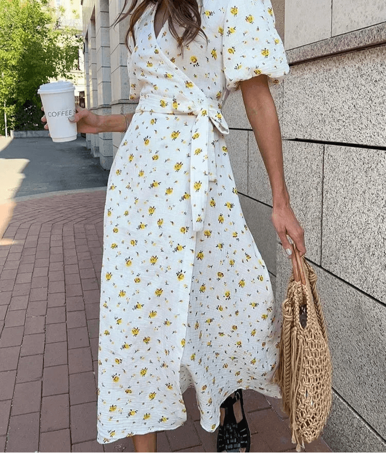 Floral Cotton A-Line Midi Dress – Women’s White Summer Dress with Slits - Stylemein