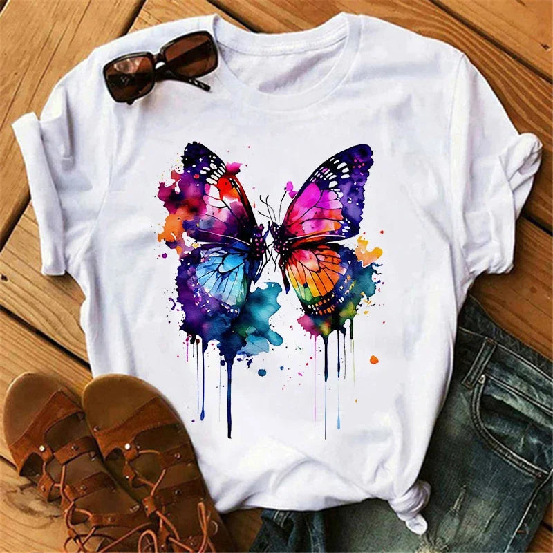 Gothic Butterfly Tree Print Harajuku T-Shirt – Women’s Round Neck Summer Casual Top