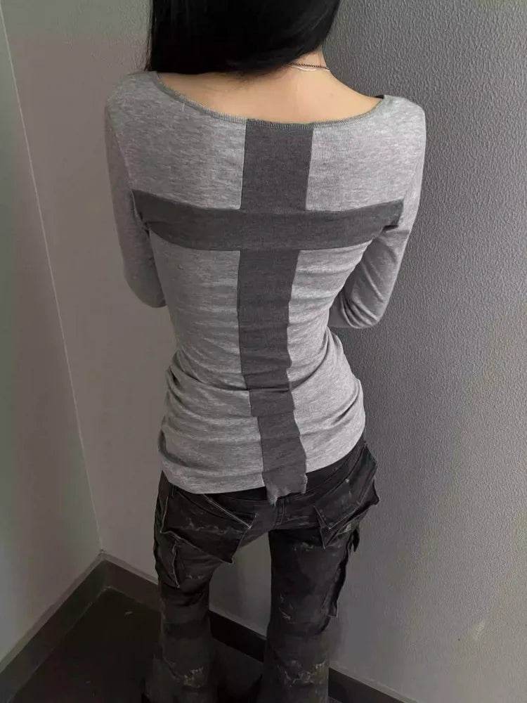 Korean Style Deep V-Neck Long Sleeve T-Shirt – Slim Fit Casual Tee for Women - Stylemein