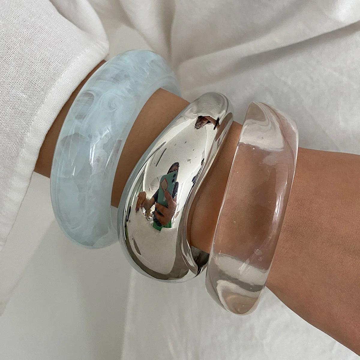 Punk Geometric Acrylic Resin Bangle – Silver Color Bracelet for Women & Men