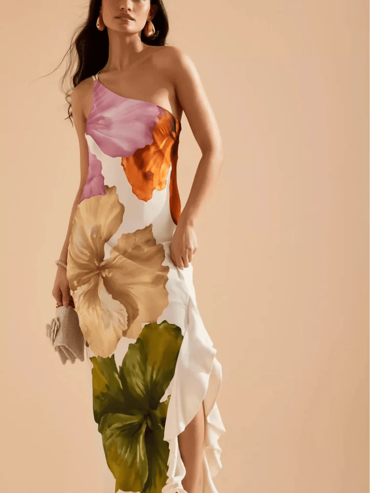 Fashion Printed Off-Shoulder Irregular Neck Cocktail Gown | Summer Party Dress with Open Fork Detail - Stylemein