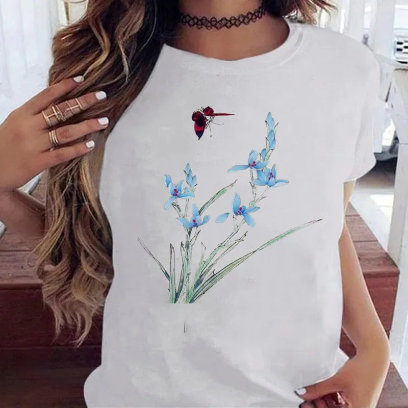 Women’s Butterfly Tree Print Harajuku T-Shirt – Black Round Neck Summer Casual Top