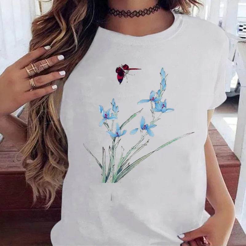 Stylemein - Women’s Butterfly Tree Print Harajuku T-Shirt – Black Round Neck Summer Casual Top