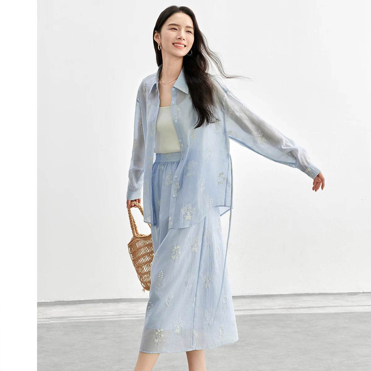 Lace-Up Shirt & Skirt Set – Embroidered Lyocell Two-Piece Outfit. - Stylemein