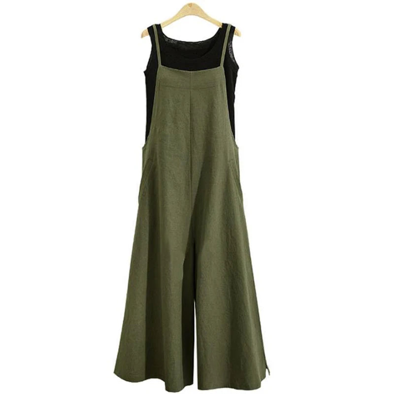 Summer Cotton Linen Jumpsuit – Loose Wide Leg Overalls with Adjustable Straps