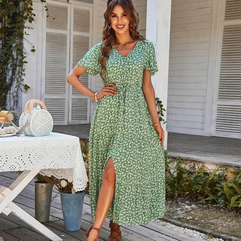 Chic Vintage Floral Summer Dress: Elegant High Waist Slit Maxi for Women - Stylemein