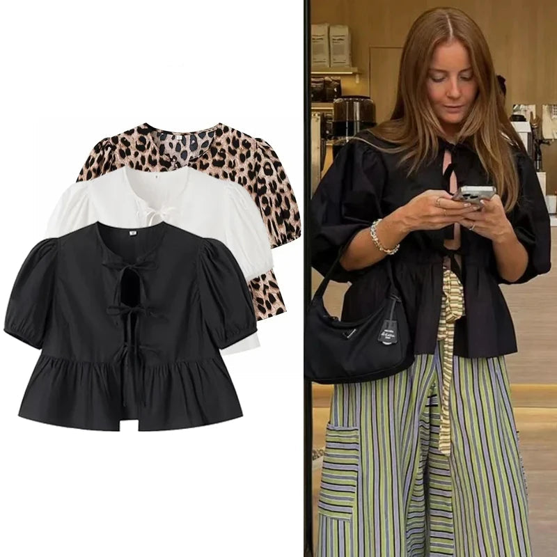 Women’s Ruffle Blouse – Puff Sleeve Ruched Crop Top Shirt